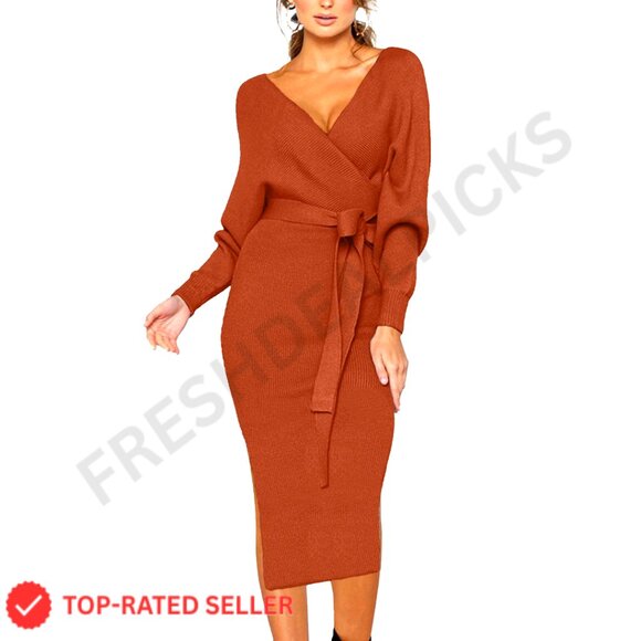 Stretchy V Neck Sweater Dress Batwing Long Sleeve Backless Bodycon with  Belt - coffeafoods.com